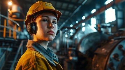 A determined young technician in a yellow helmet and protective headphones stands in an industrial setting, her attention attuned to the heavy machinery around her. - obrazy, fototapety, plakaty