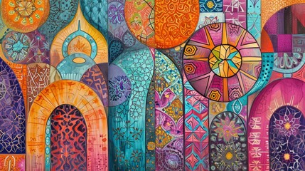 Islamic drawing of a colorful painting with various patterns