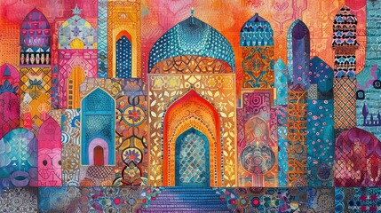 Islamic drawing of a colorful painting with various patterns - obrazy, fototapety, plakaty