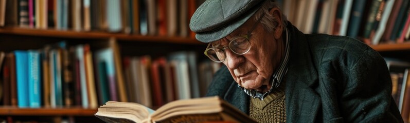 Elderly man reading books. Banner - obrazy, fototapety, plakaty