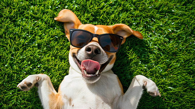 happy beagle dog lying on its back on a grassy surface, wearing a pair of sunglasses playful