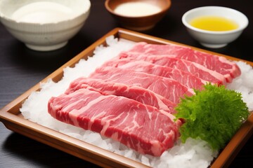 Raw beef steak on ice with dipping sauces