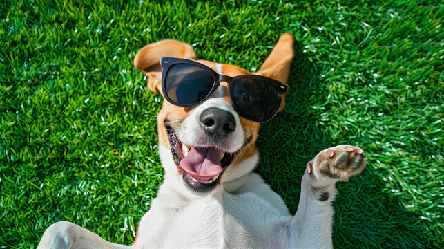 happy beagle dog lying on its back on a grassy surface, wearing a pair of sunglasses