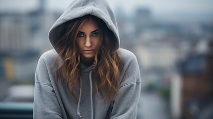 Obraz premium Portrait of a young woman in a gray hoodie looking at the camera with a serious expression