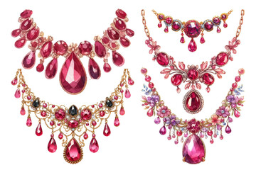 ルビーのネックレスの水彩イラストの素材セット