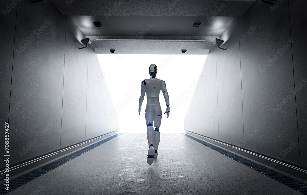 Poster sport science technology with robot walking through stadium tunnel