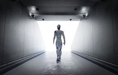 Sport science technology with robot walking through stadium tunnel