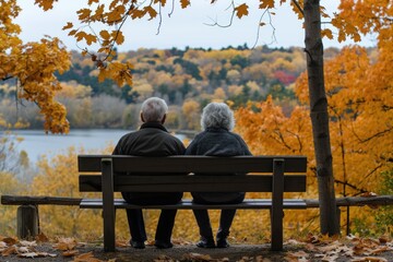 Elderly couple sitting on a bench. Autumn background