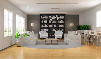 Living room interior in cozy style with bookcase