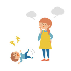 癇癪をおこす子供　お母さん　かわいいイラスト素材