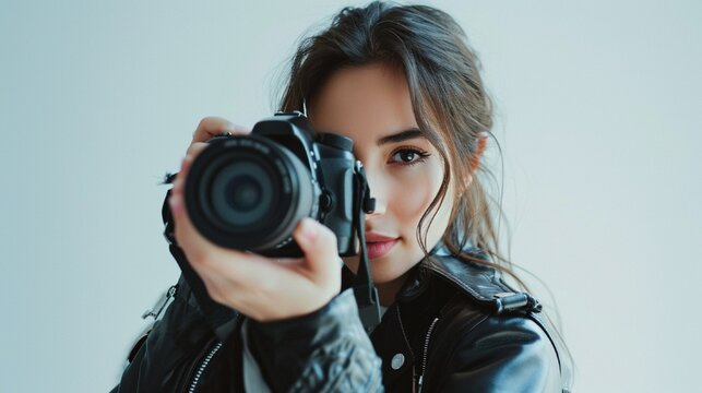 The camera catches a woman's natural appeal as she stares straight into the lens against a snowy background