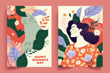 Greeting card or postcard templates with feminism activists and Happy Women's Day wish. Modern festive illustration for 8 March celebration.