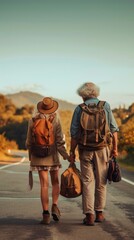 Elderly couple travelling. Vertical background