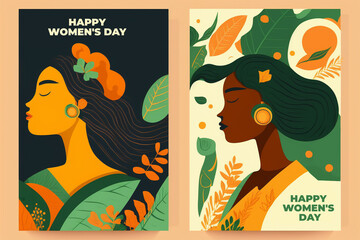 Beautiful woman with long hair makes a graceful gesture with her hand. Modern illustration of Women's Day. 8th March. Template for cards, greetings, flyer, banner.
