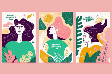 Girls' Faces. A pattern of faces. Women's Day holiday. Typography posters design. Set of flat illustrations. Layout creative. Print, label, cover.