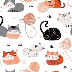 Muurstickers cute seamless pattern with cat play skein of wool thread art print © NikahGeh