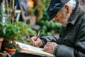 Elderly man writing.  - obrazy, fototapety, plakaty