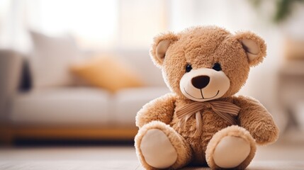 Cute bear plush toy, closeup. - obrazy, fototapety, plakaty