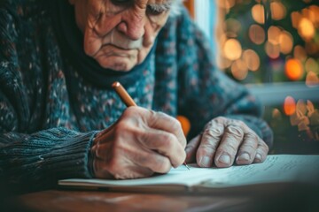 Elderly man writing.  - obrazy, fototapety, plakaty