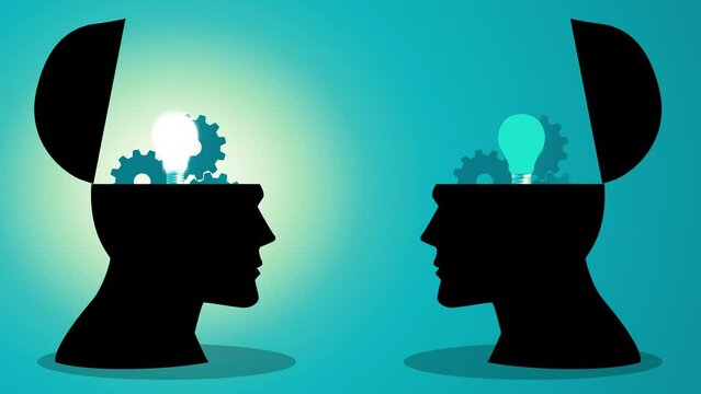 Knowledge or ideas sharing between two people head, transferring knowledge, innovation, brain storming concept