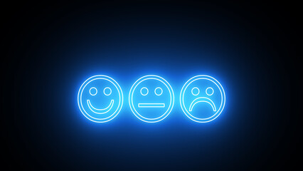 Neon Glowing Emoticons icons set. neon Emoji faces collection. Emojis flat style. Happy, smile, neutral, sad and angry emoji. Line smiley face on black background.
