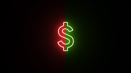 Neon glowing Dollar symbol. Neon dollar icon. Glowing neon dollar sign, outline money symbol. 3d Neon dollar sign on a black background.