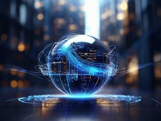 Technology concept database with digital blue wavy optical fiber wires with a globe with a blurry building on the background