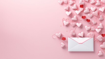 Romantic Love Letter Envelope Overflowing with Paper Craft Hearts on Pink Valentines or Anniversary Background - Copy Space Available for Text or Promotional Content