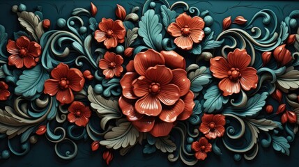 ornate floral tapestry design with vibrant red flowers and turquoise accents. exquisite pattern for luxury wallpaper and fabric prints - obrazy, fototapety, plakaty