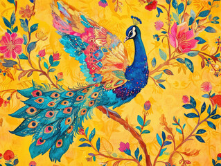 Beautiful Timeless Classic Victorian style Poetic and Hand Painted Retro Fine Art canvas for wallpaper and background with Colorful Peacocks, birds, Flowers and plants, Nature-inspired and floral bota