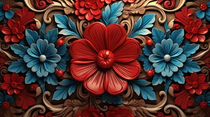 luxurious floral embossment with vibrant red and blue blooms. 3d botanical art for elegant textile design and decorative backgrounds - obrazy, fototapety, plakaty