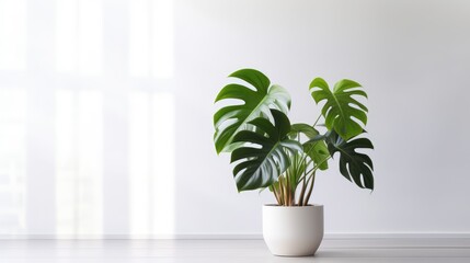 Monster flower in a large white pot against the wall, illuminated by the sun. High quality photo. Shadows from the window on the wall. Flowers and plants for the home. Monstera.