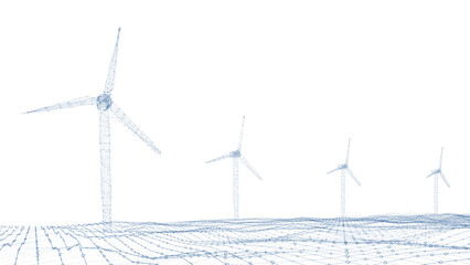 The image is an abstract 3D illustration of a wind farm  with wind turbines distributed across the abstract dot and grid ocean, isolated on transparent background