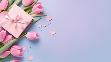 Celebrate Mother's Day with a Stunning Top View Photo: Blue Gift Boxes, Pink Tulip Bouquet, and Heart-shaped Saucer on Pastel Pink Background - Isolated Concept
