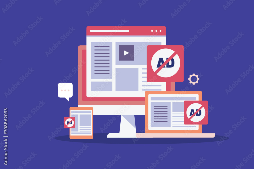 Poster ad blocking software, preventing unwanted popup ads on electronic device screen, internet browsing w