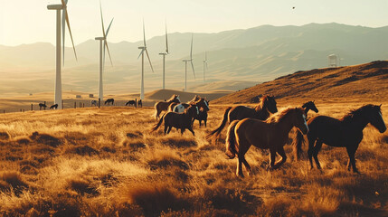 Herd of wild horses roaming in wind farm, AI Generated