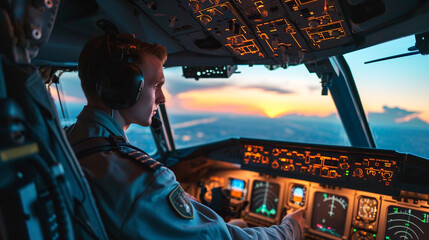 Pilot in airplane cockpit representing aviation jobs, AI Generated