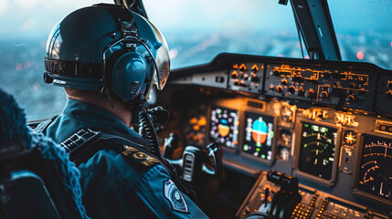 Pilot in airplane cockpit representing aviation jobs, AI Generated