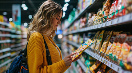 Woman analyzing nutrition labels of different brands in supermarket, AI Generated - obrazy, fototapety, plakaty