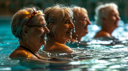 Active group of elderly women enjoying fun moments in pool, AI Generated