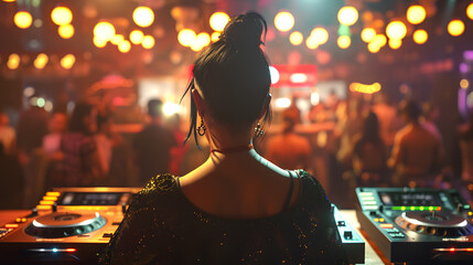 Young Asian female dj on stage in a nightclub, black hair tied in a low ponytail, listeners dancing in the background, spotlights,wide angle view from behind. - obrazy, fototapety, plakaty