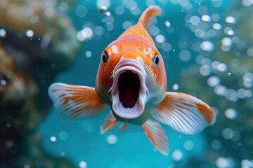 a koi fish with his mouth open under blue water - obrazy, fototapety, plakaty