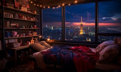 A large room in an expensive high-rise with a spectacular view, at night, room for a bed and colorful pillows, in the style of witchy academia, bibliopunk. Generative Ai