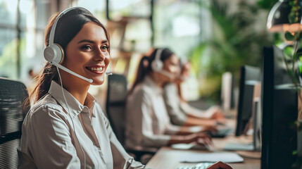 Customer service representatives resolving multiple queries with smile, AI Generated