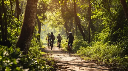  Cyclists on lush green trail promoting emission-free transport, AI Generated © Shining Pro