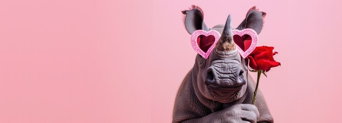 A rhinoceros rhino holding a red rose wearing heart-shaped pink sunglasses isolated on a pink background.