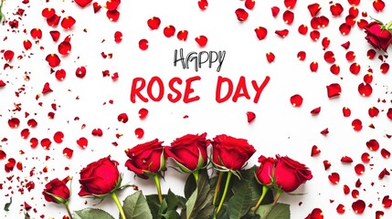 HAPPY ROSE DAY words, red roses spread on a white background