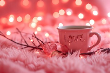 Obraz na płótnie Canvas Happy Valentine's Day background. Coffee cup, shiny branch with pink woolen fur. Holidays, valentine day, celebrations, love concept.