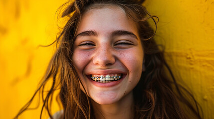 Joyful teenager with braces, winking and vibrant yellow background, AI Generated