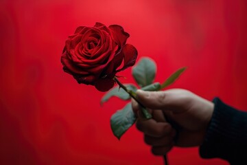 black mans hand holding a beautiful red rose on the red background for Valentines Day